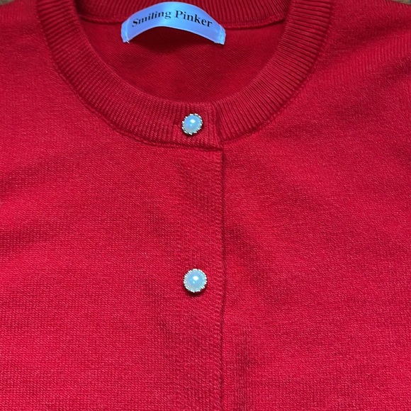 SMILING PINKER Sweater Red Button Down Cardigan Pearl Like Buttons Small - Picture 2 of 8